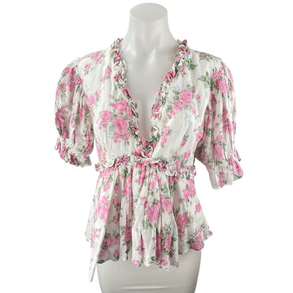 Mable Multicolor Floral Short Puff Sleeve Ruffle V Neck Peplum Blouse Top Size M - Picture 1 of 4